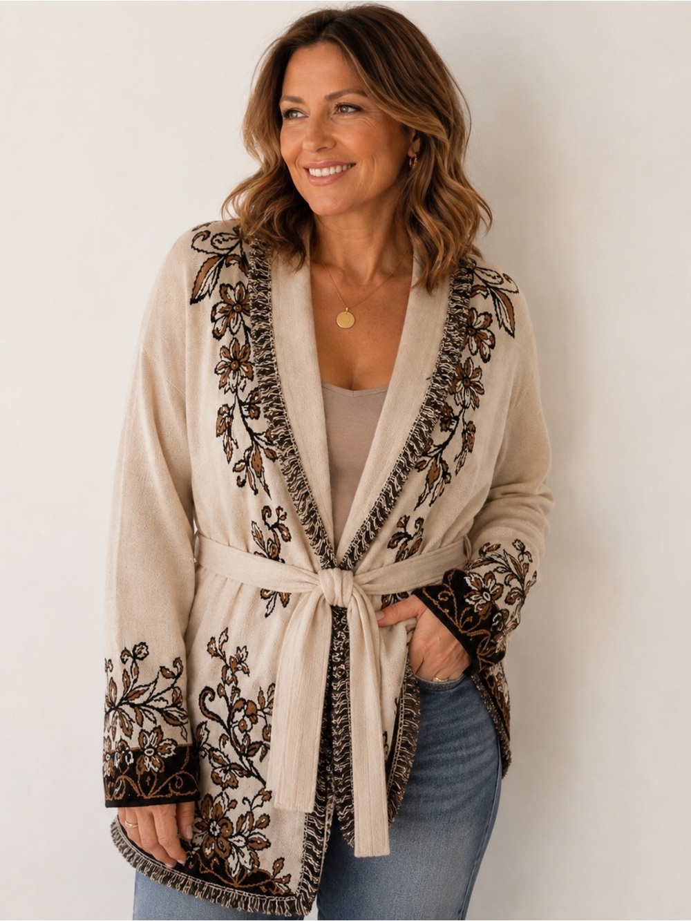 Chico’s Belted Cardigan Sweater Size Large ~ Tapestry Jacquard Fringe